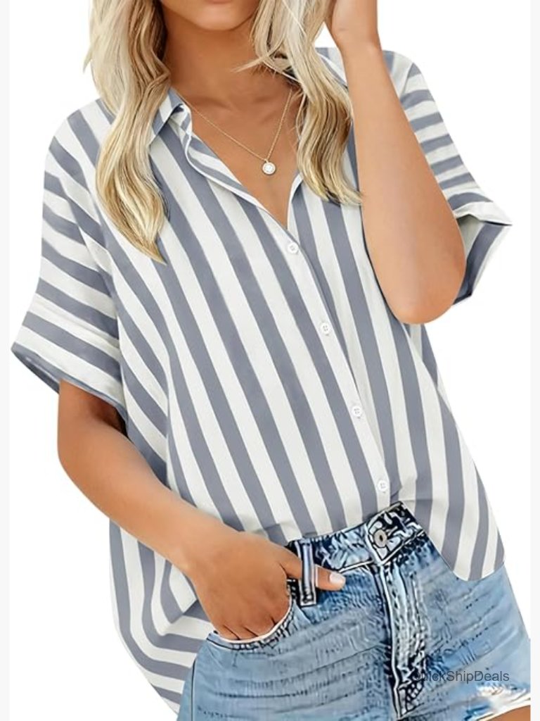 Striped Button Down Shirt V-Neck Short Sleeve Blouse
